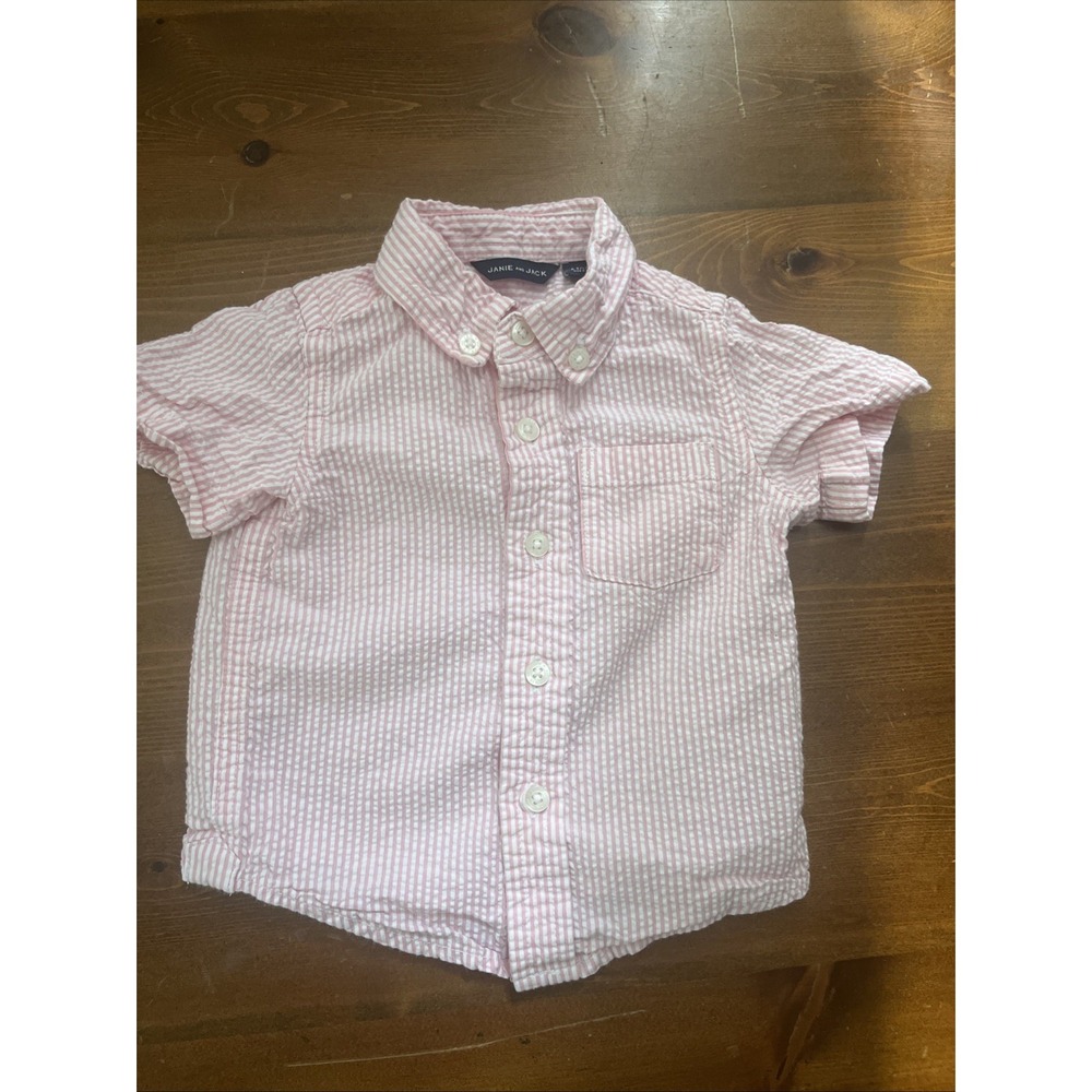 JANIE AND JACK 6-12 M Pink & White Stripe Short Sleeve Collar Button Down Shirt
